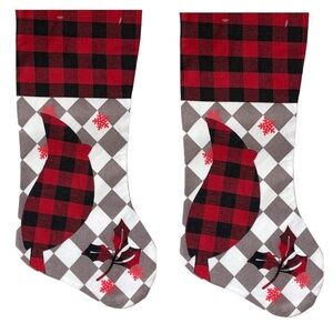 Christmas Stocking Cardinals Buffalo Check Plaid Red Black 17 inch 2 Piece